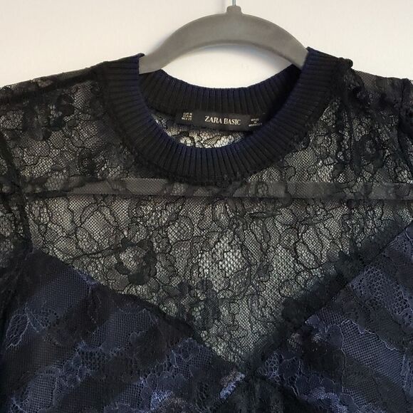 𝅺ZARA Lace Mini Dress black and navy size medium - Picture 3 of 9